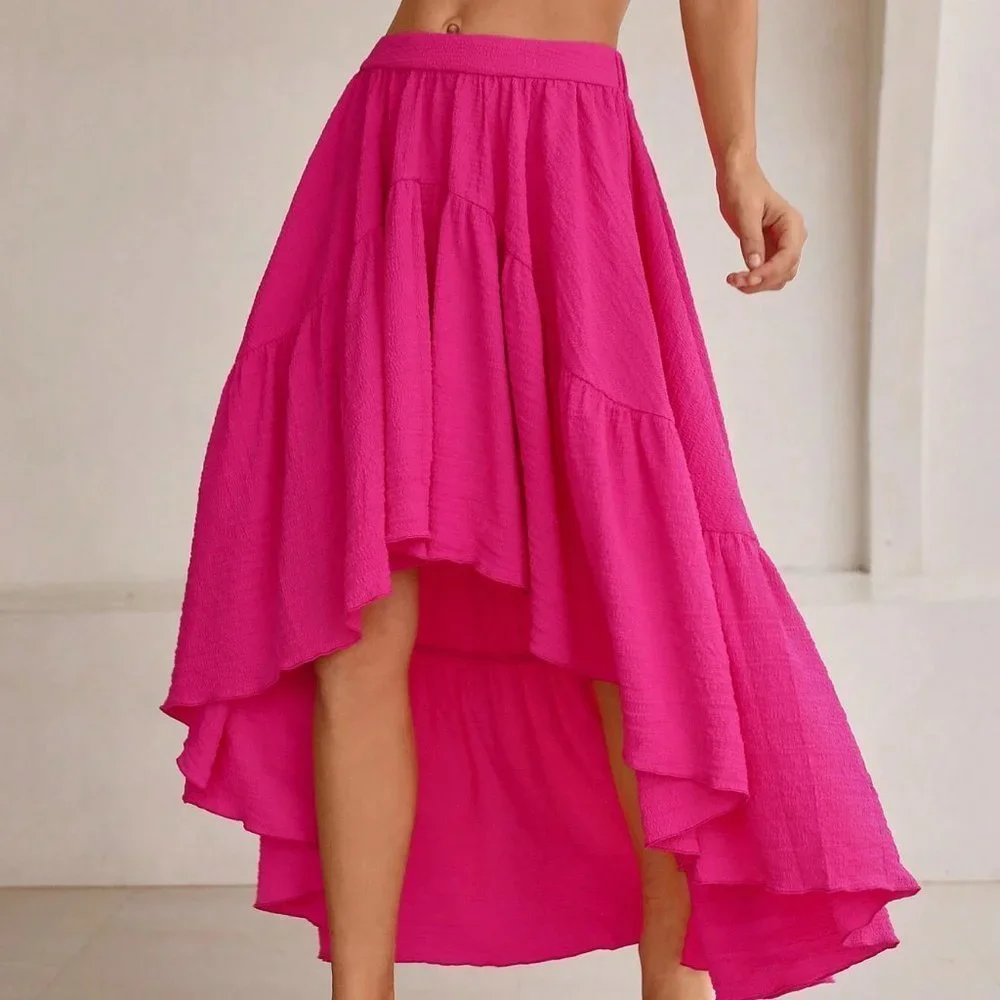 Pink Boho Womens Solid High Low Ruffle Hem Skirt - Picture 1 of 5